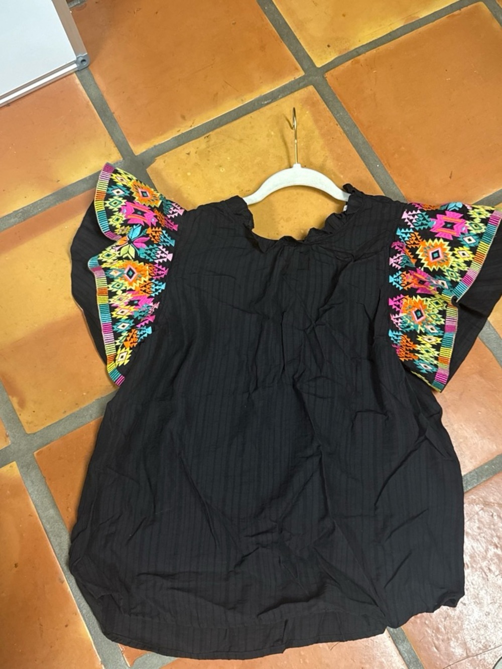 THML Black Flutter-Sleeve Top with Multicolor Embroidery